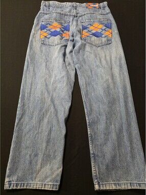 Evolution In Design Mens Wide Leg Jeans Blue & Yellow Argyle Detail Y2K 34x32